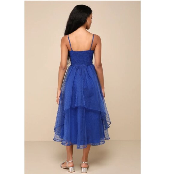 Favorite Event Cobalt Blue Swiss Dot Pleated Tiered Midi Dress - Picture 3 of 5